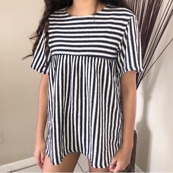 Zara Peplum Tunic Top Navy White Striped Contrasting Short Sleeves Womens Size S - Picture 6 of 6